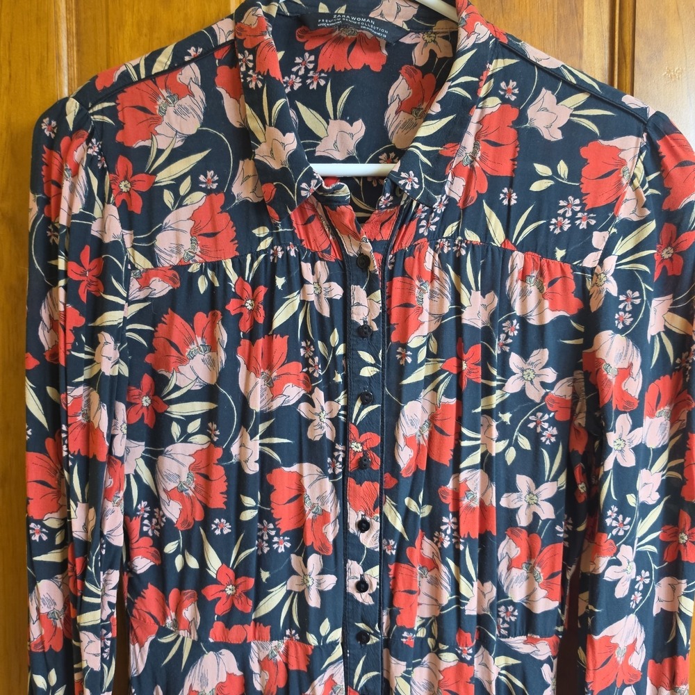 Zara Medium Mini Dress Women Red Floral Button Front Long Sleeve Boho Collared